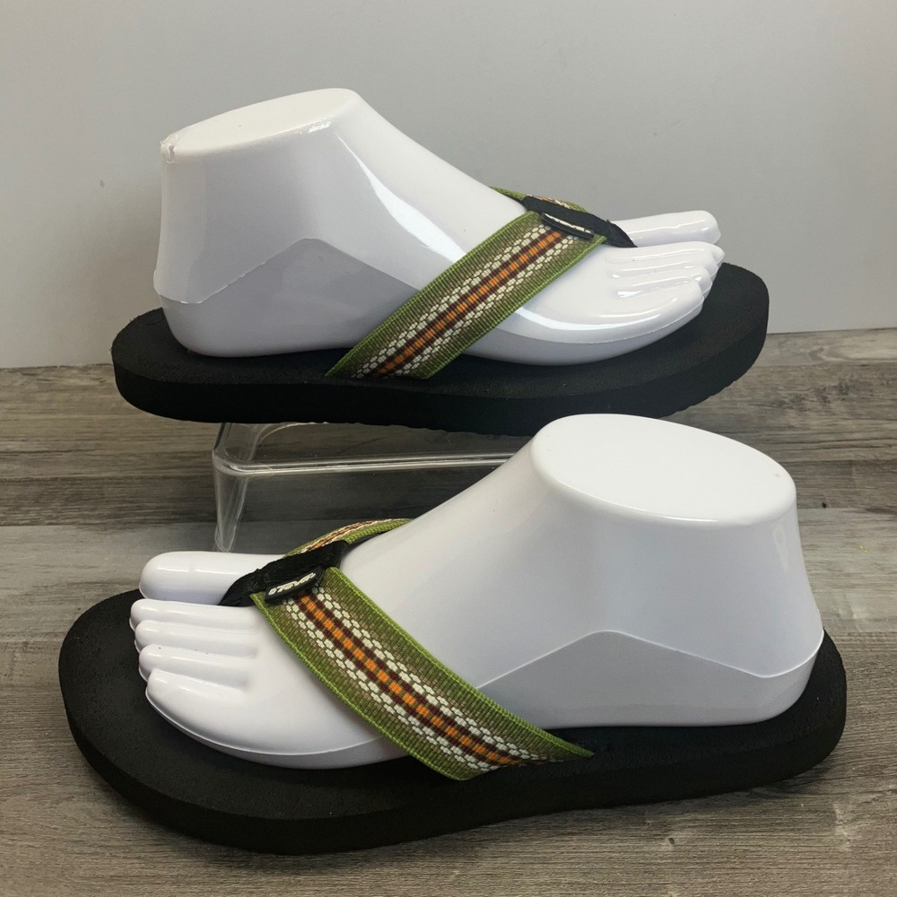 Teva Mush II Flip Flops Womens 8 Green Black Geometric Webbing Thong Sandals